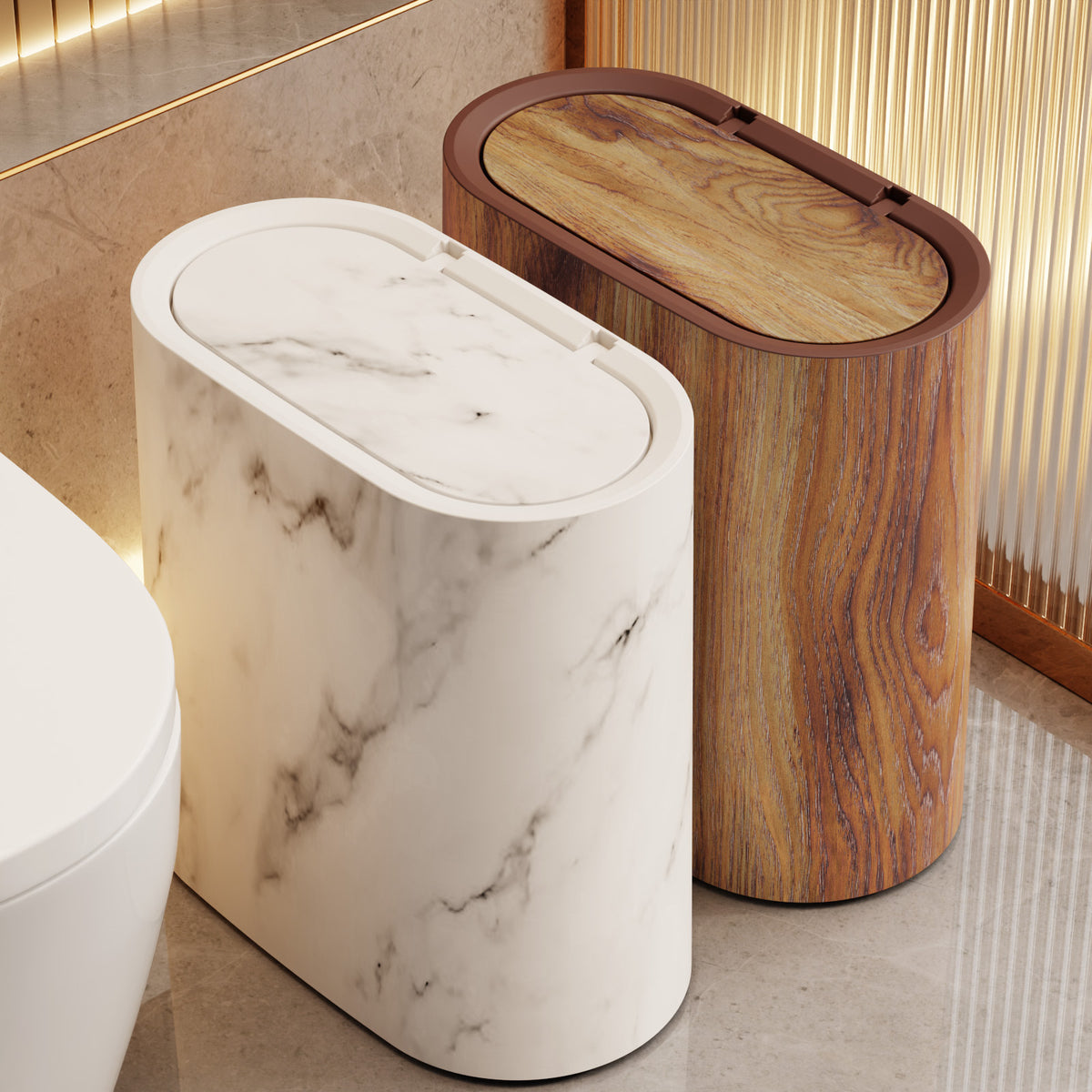 Marble Pattern Trash Can | Modern Bathroom & Kitchen Bin with Lid